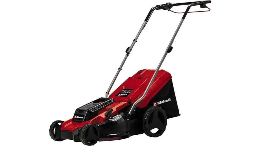 Self-propelled petrol lawn mower on a large UK lawn